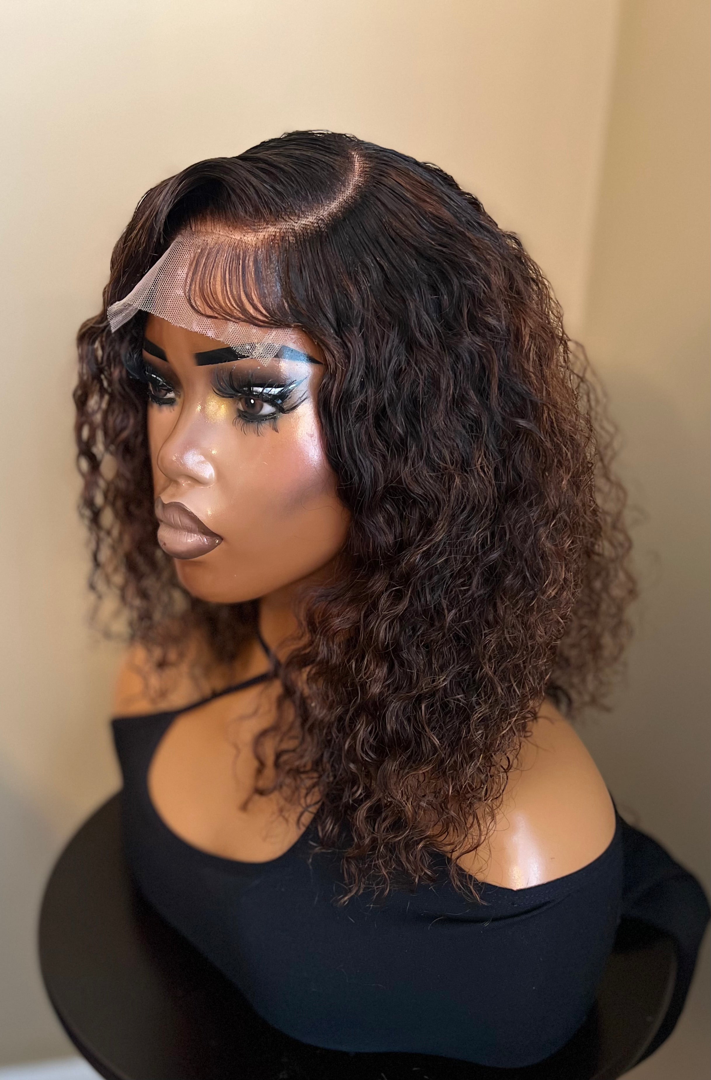 16" Curly Brown Wig 4x4 Transparent Lace